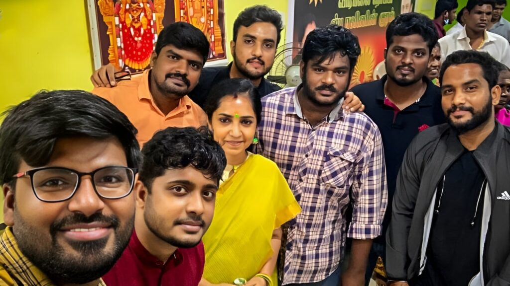 Rafiq and team posing with DMK MP Thamizhachi Thangapandian after a campaign rally.