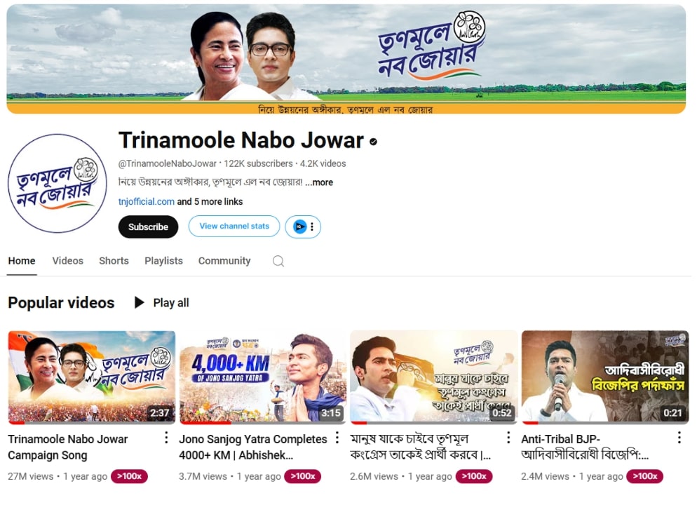 Trinamoole Nabo Jowar YouTube channel, highlighting I-PAC's creative strategy.